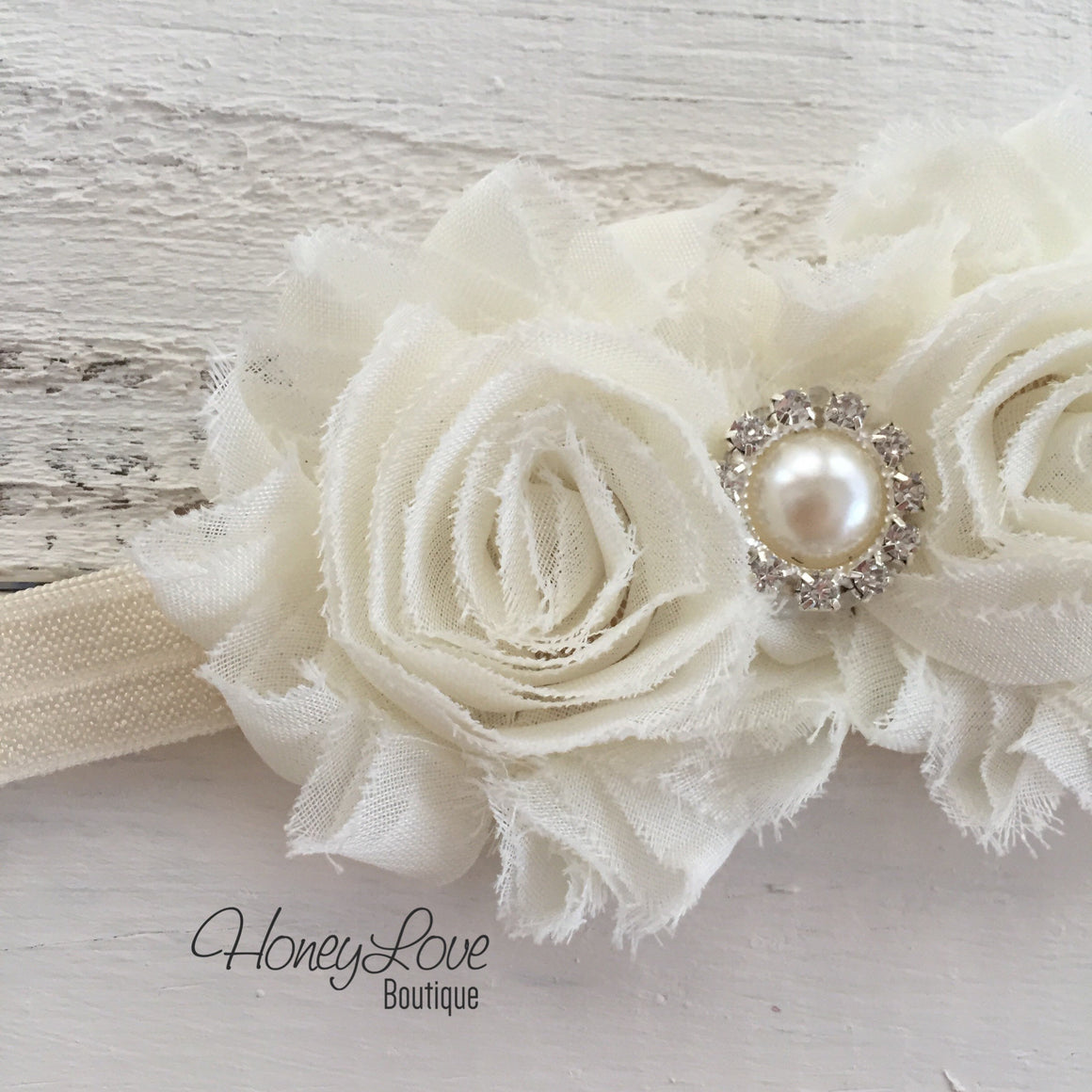 Ivory double flower headband - Pearl and Rhinestone center - HoneyLoveBoutique