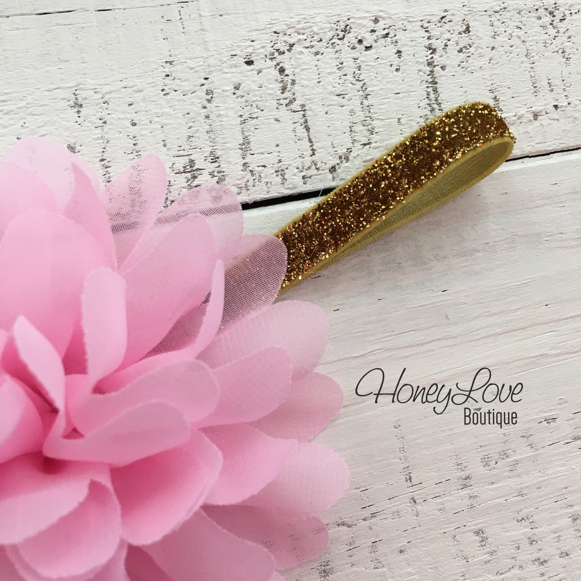 Light Pink fluffy flower headband - SILVER/GOLD glitter elastic - HoneyLoveBoutique