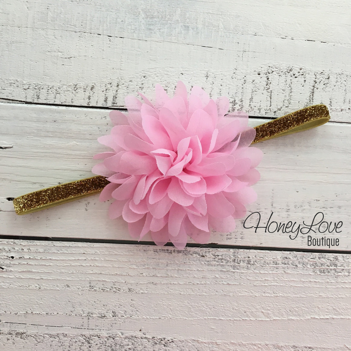 Light Pink fluffy flower headband - SILVER/GOLD glitter elastic - HoneyLoveBoutique