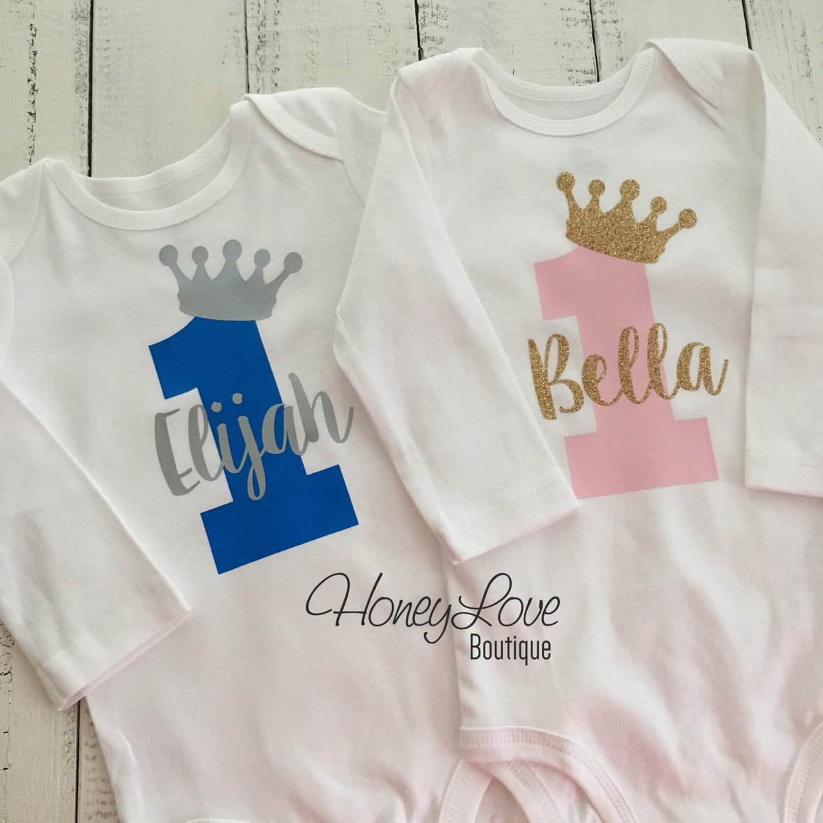 Personalized First Birthday Prince/Princess Bodysuit - Boy/Girl Twins - HoneyLoveBoutique