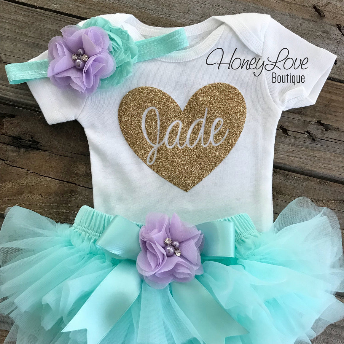PERSONALIZED Name inside Heart - Gold Glitter, Mint/Aqua and Lavender Purple - HoneyLoveBoutique