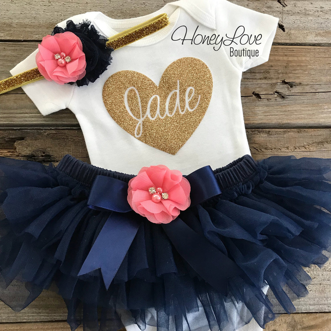PERSONALIZED Name inside heart - Gold glitter, Navy Blue and Coral Pink - HoneyLoveBoutique