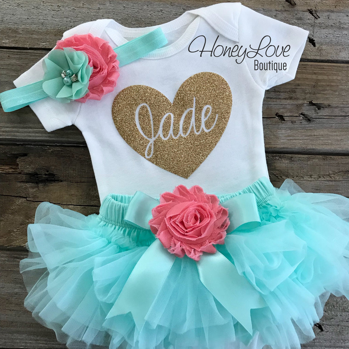 PERSONALIZED Name inside Heart - Gold Glitter, Mint/Aqua and Coral Pink - HoneyLoveBoutique