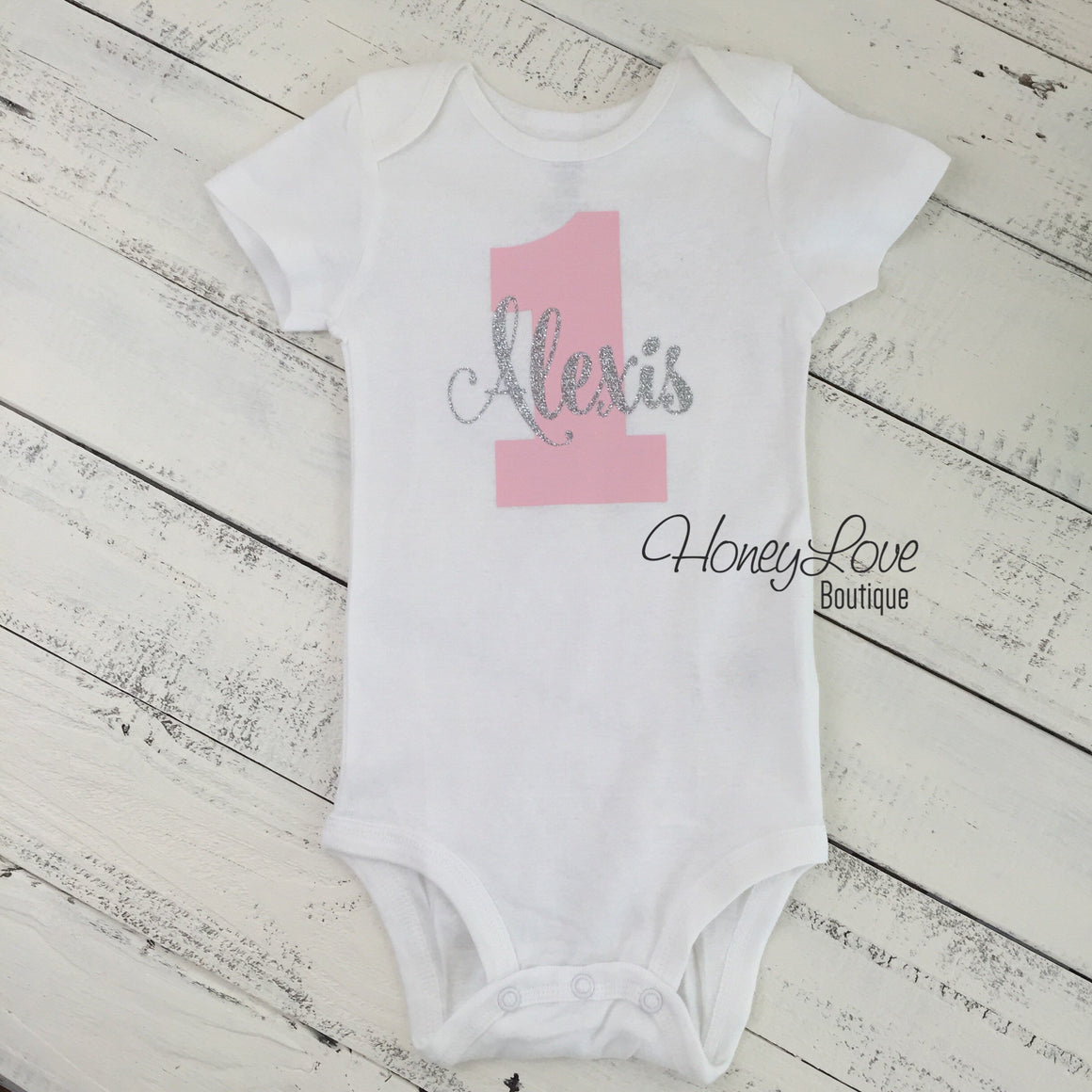 Personalized 1st Birthday Bodysuit - Light Pink and Gold/Silver glitter - HoneyLoveBoutique