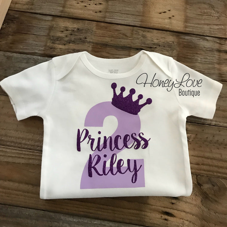 Personalized 2nd Birthday Princess Bodysuit or Shirt - Lavender Purple and Dark Purple glitter - HoneyLoveBoutique