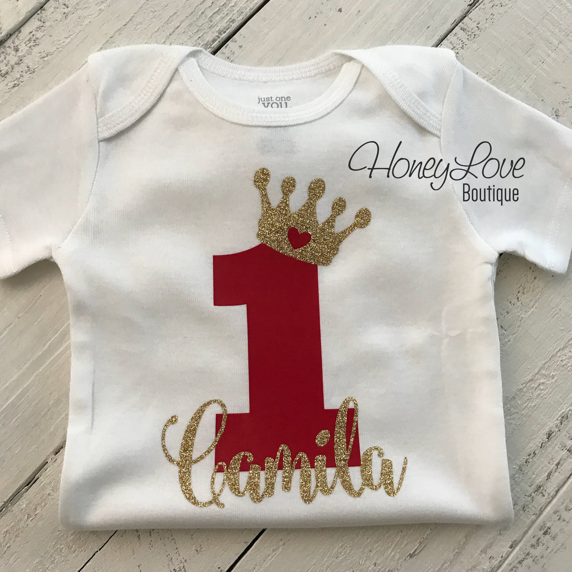 Personalized First Birthday Princess Bodysuit - Red and Silver/Gold glitter - HoneyLoveBoutique