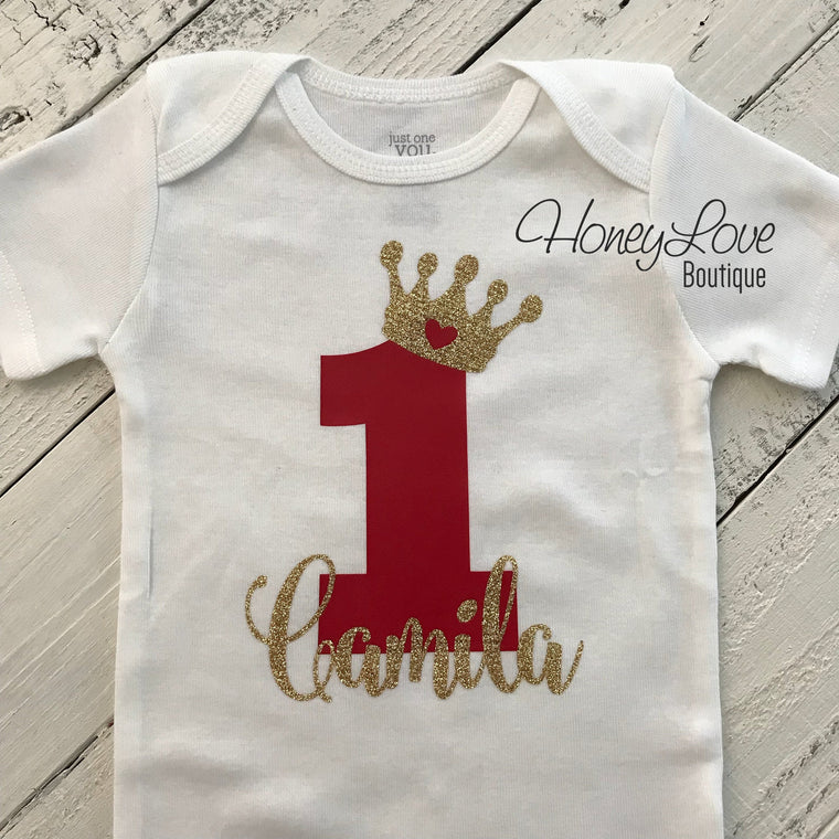 Personalized First Birthday Princess Bodysuit - Red and Silver/Gold glitter - HoneyLoveBoutique