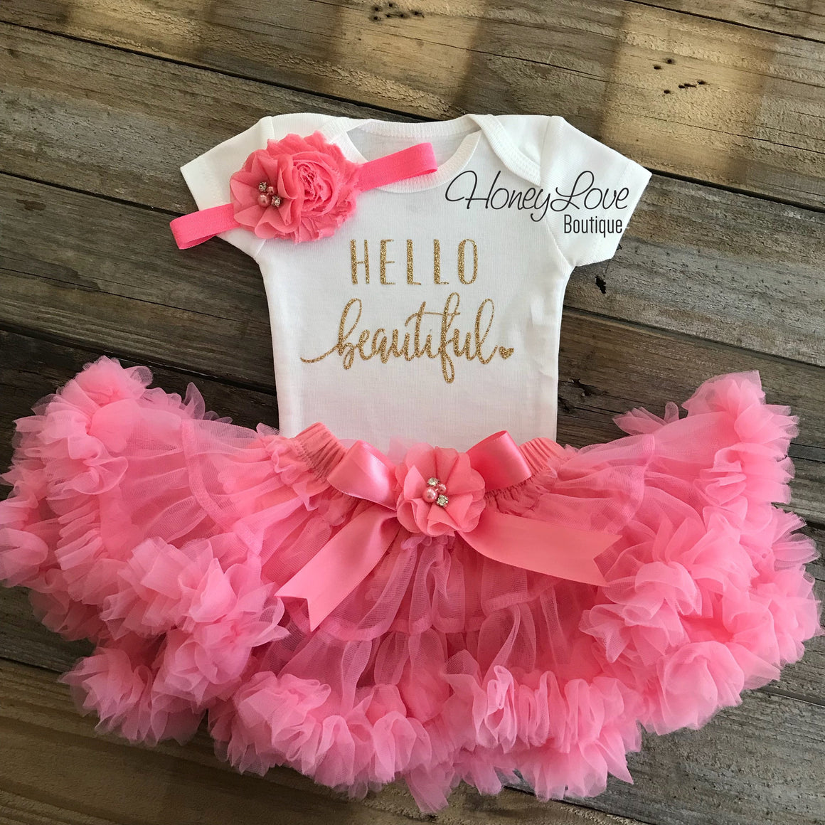 Hello Beautiful Outfit - Gold Glitter and Coral Pink Pettiskirt - HoneyLoveBoutique