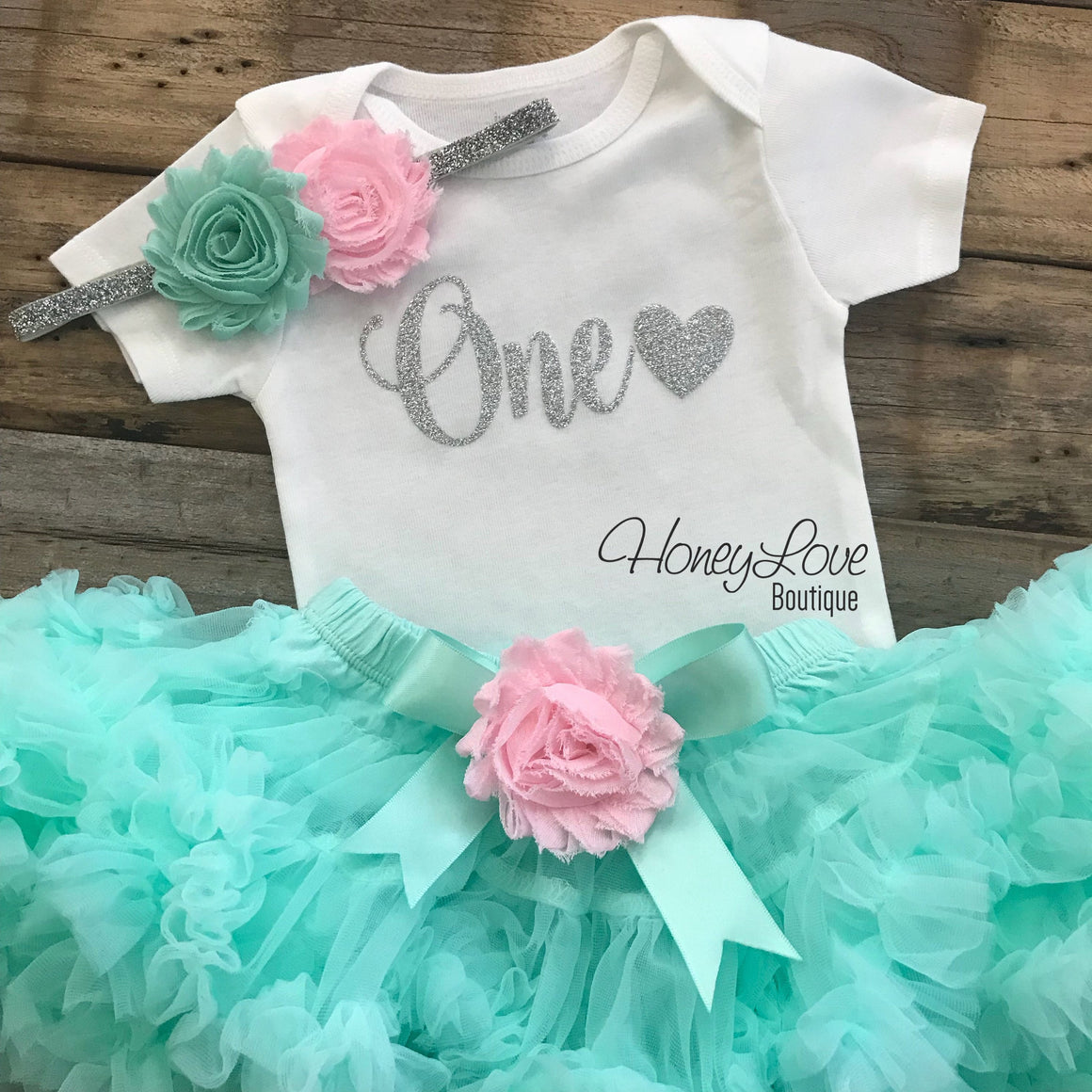 One with heart - Birthday Outfit - Mint/Aqua, Light Pink and Gold/Silver glitter - HoneyLoveBoutique