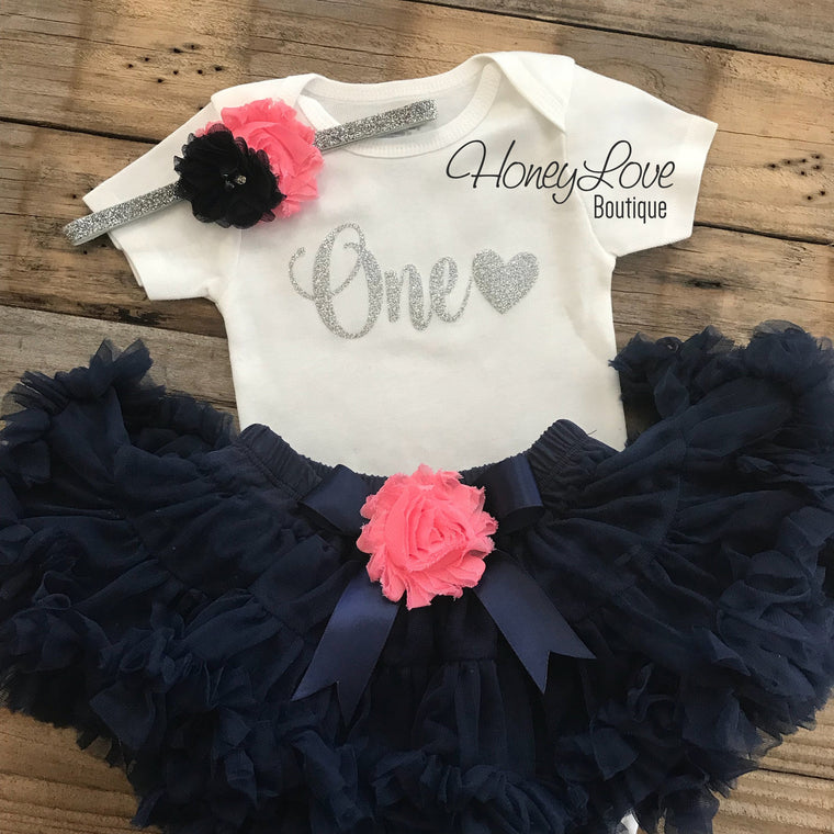 One with heart - Birthday Outfit - Navy Blue, Coral and Gold/Silver glitter - HoneyLoveBoutique