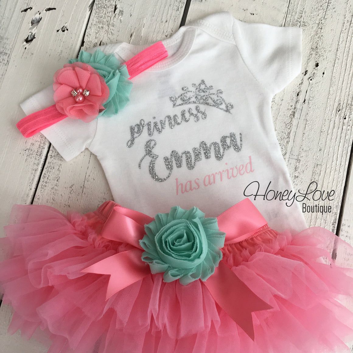 Personalized Princess Has Arrived outfit - Coral Pink, Mint/Aqua and Gold/Silver glitter - HoneyLoveBoutique