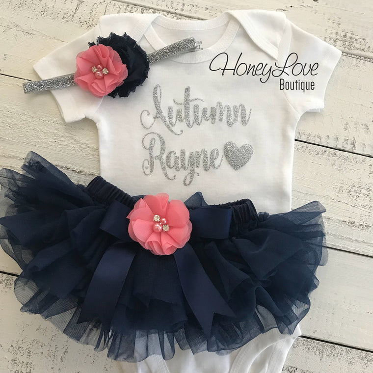 PERSONALIZED Name Outfit - Navy Blue and Silver Glitter - Coral Pink rhinestone/pearl flower embellished tutu skirt bloomers - HoneyLoveBoutique