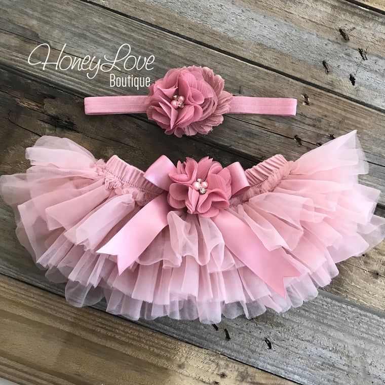 Vintage Pink embellished tutu skirt bloomers and matching headband - HoneyLoveBoutique