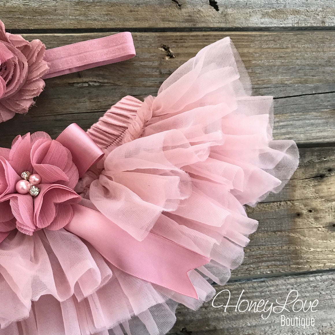 Vintage Pink embellished tutu skirt bloomers and matching headband - HoneyLoveBoutique