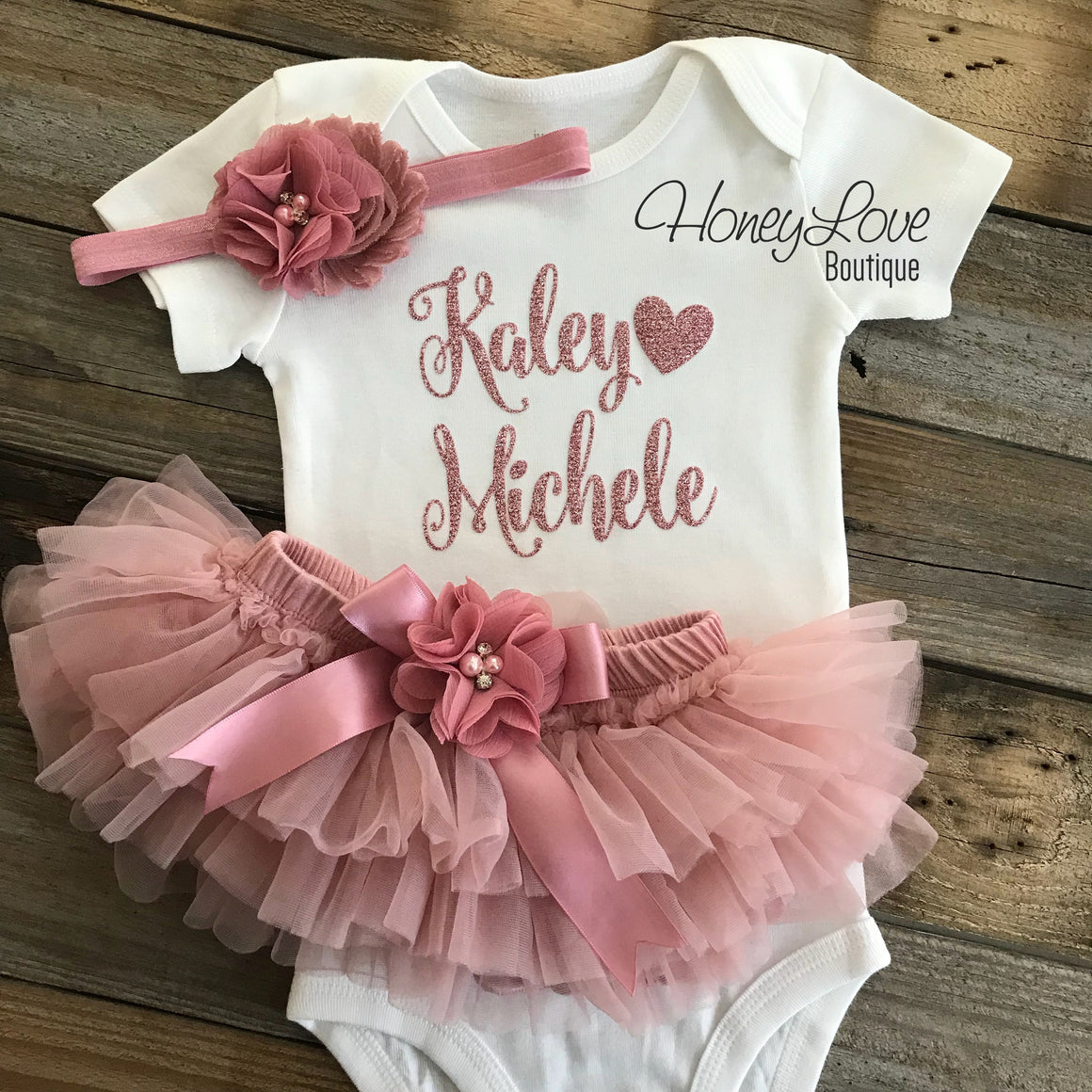 PERSONALIZED Name Outfit - Rose Gold Glitter and Vintage Pink - HoneyLoveBoutique