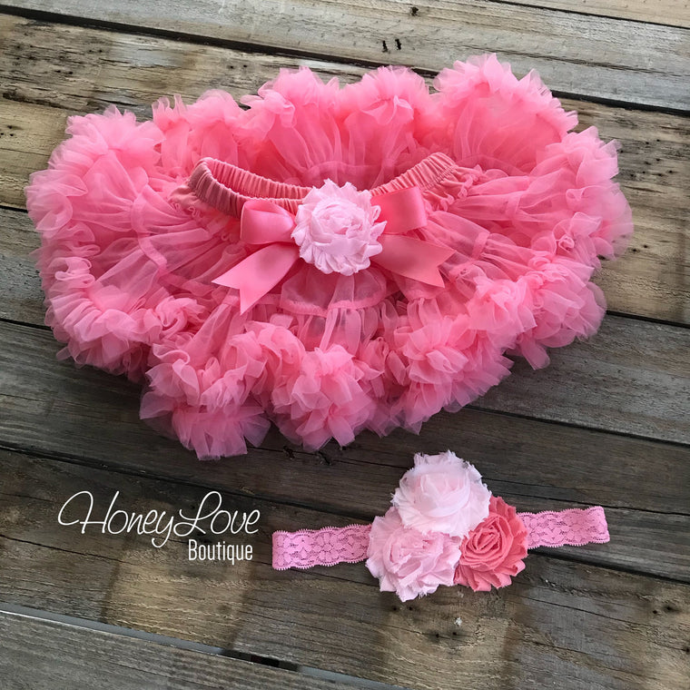 Coral Pink Pettiskirt and lace shabby flower cluster headband - embellished flower - HoneyLoveBoutique