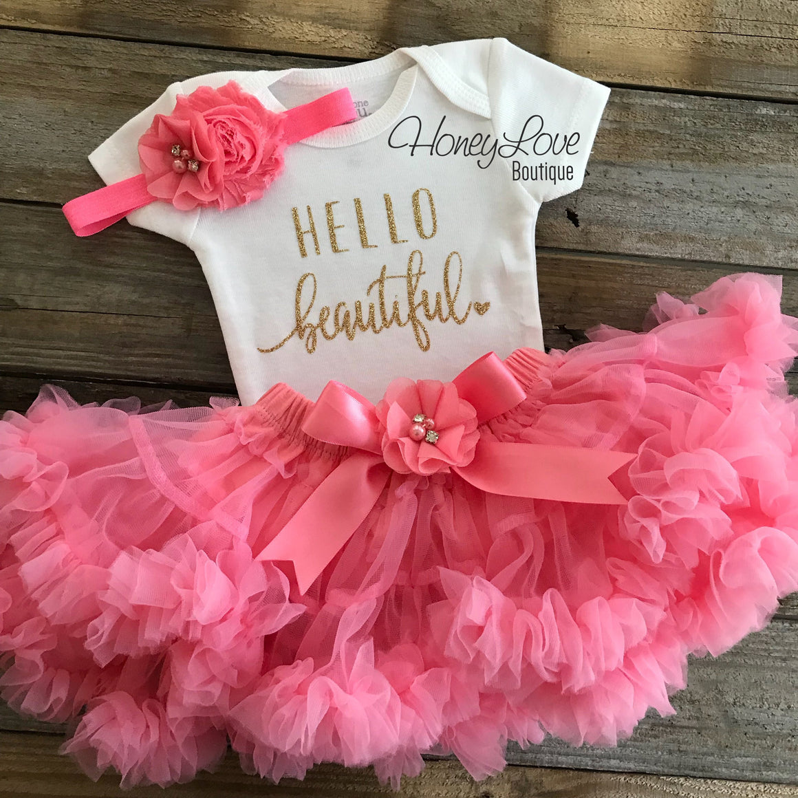 Hello Beautiful Outfit - Gold Glitter and Coral Pink Pettiskirt - HoneyLoveBoutique