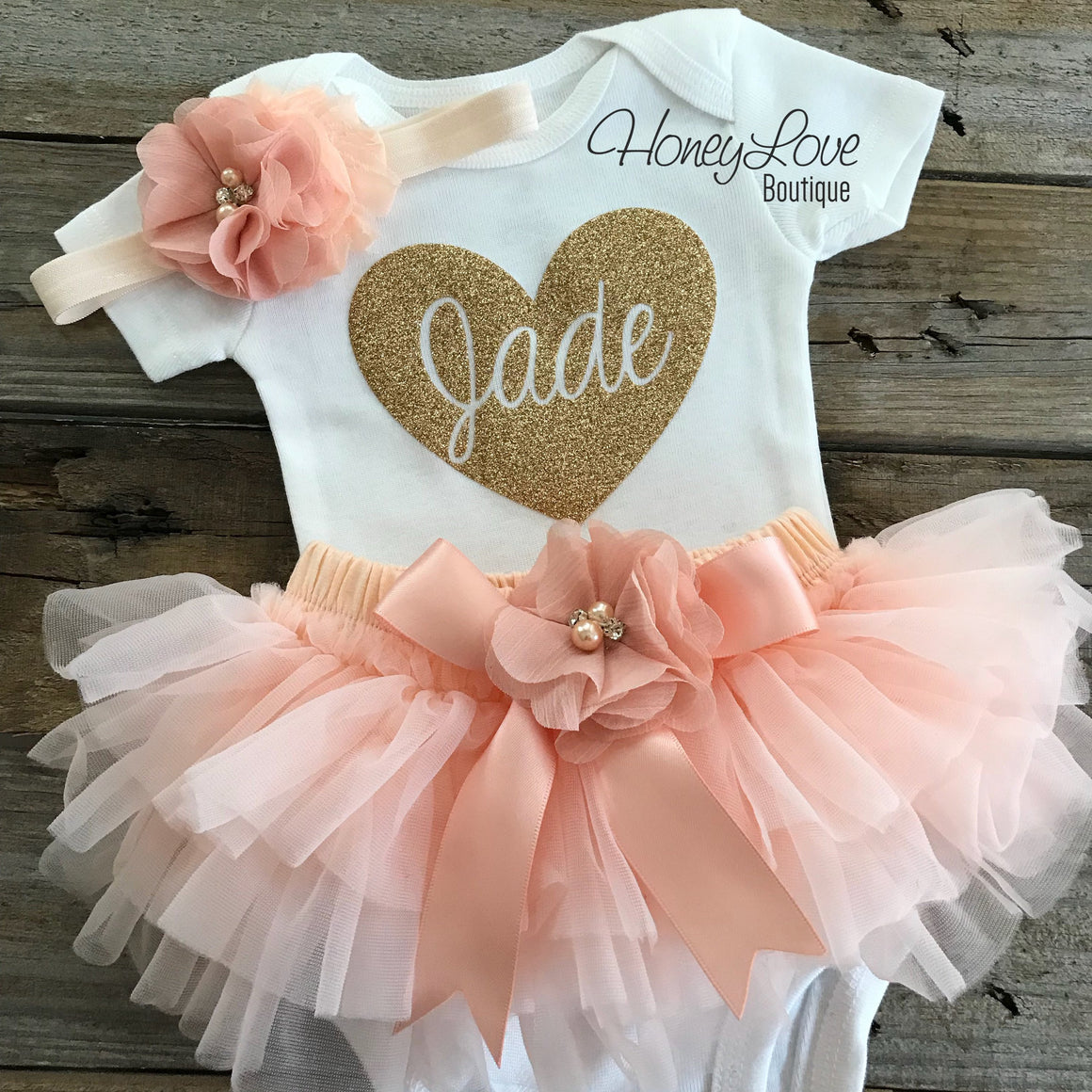 PERSONALIZED Name inside Heart - Gold glitter and Peach - embellished tutu skirt bloomer - HoneyLoveBoutique