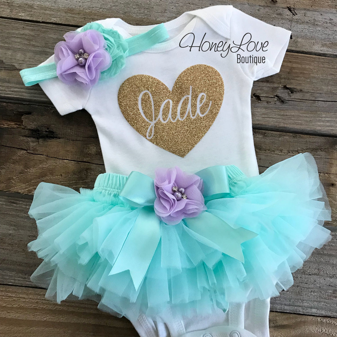 PERSONALIZED Name inside Heart - Gold Glitter, Mint/Aqua and Lavender Purple - HoneyLoveBoutique