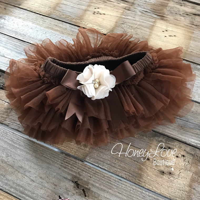 Brown tutu skirt bloomers - embellished ivory flower - HoneyLoveBoutique