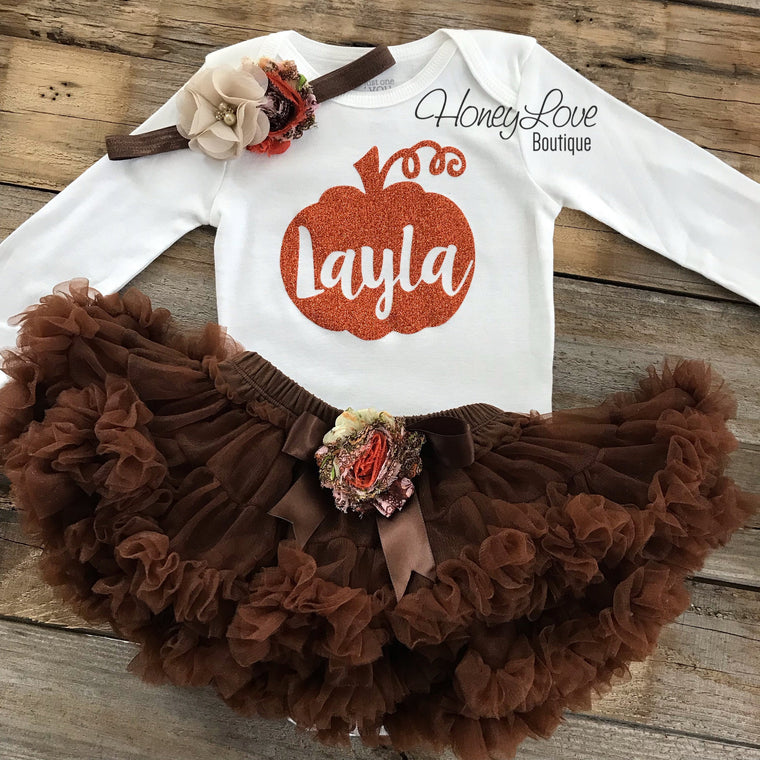 PERSONALIZED Pumpkin Thanksgiving Fall Halloween outfit - Brown embellished pettiskirt - HoneyLoveBoutique