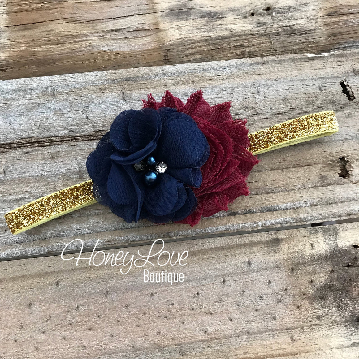 GOLD or SILVER Glitter Elastic Headband, maroon burgundy wine Navy blue shabby flower rhinestone pearls, Baby newborn infant toddler girl - HoneyLoveBoutique