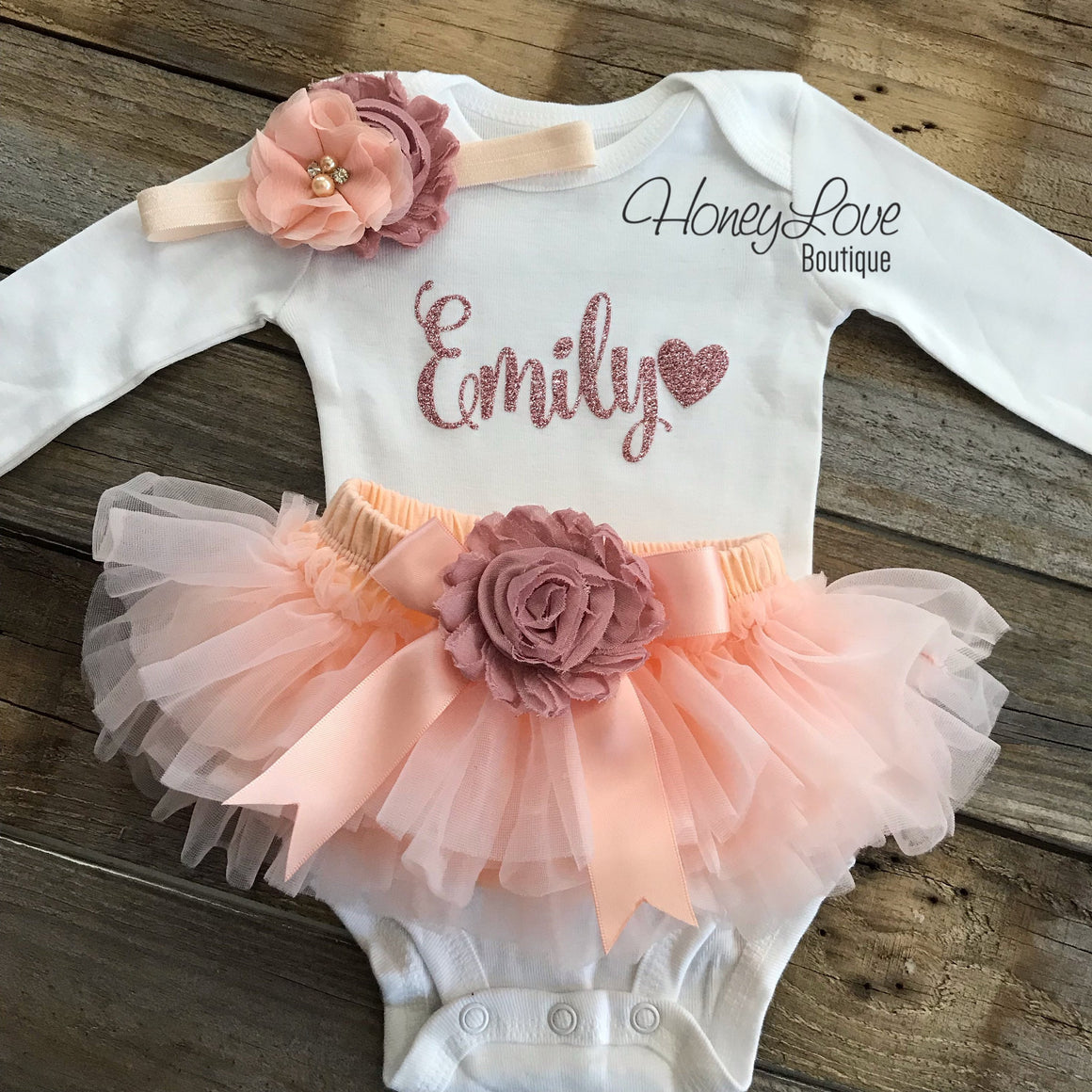 PERSONALIZED Name Outfit - Rose Gold glitter and Peach/Vintage Pink - embellished tutu skirt bloomers - HoneyLoveBoutique