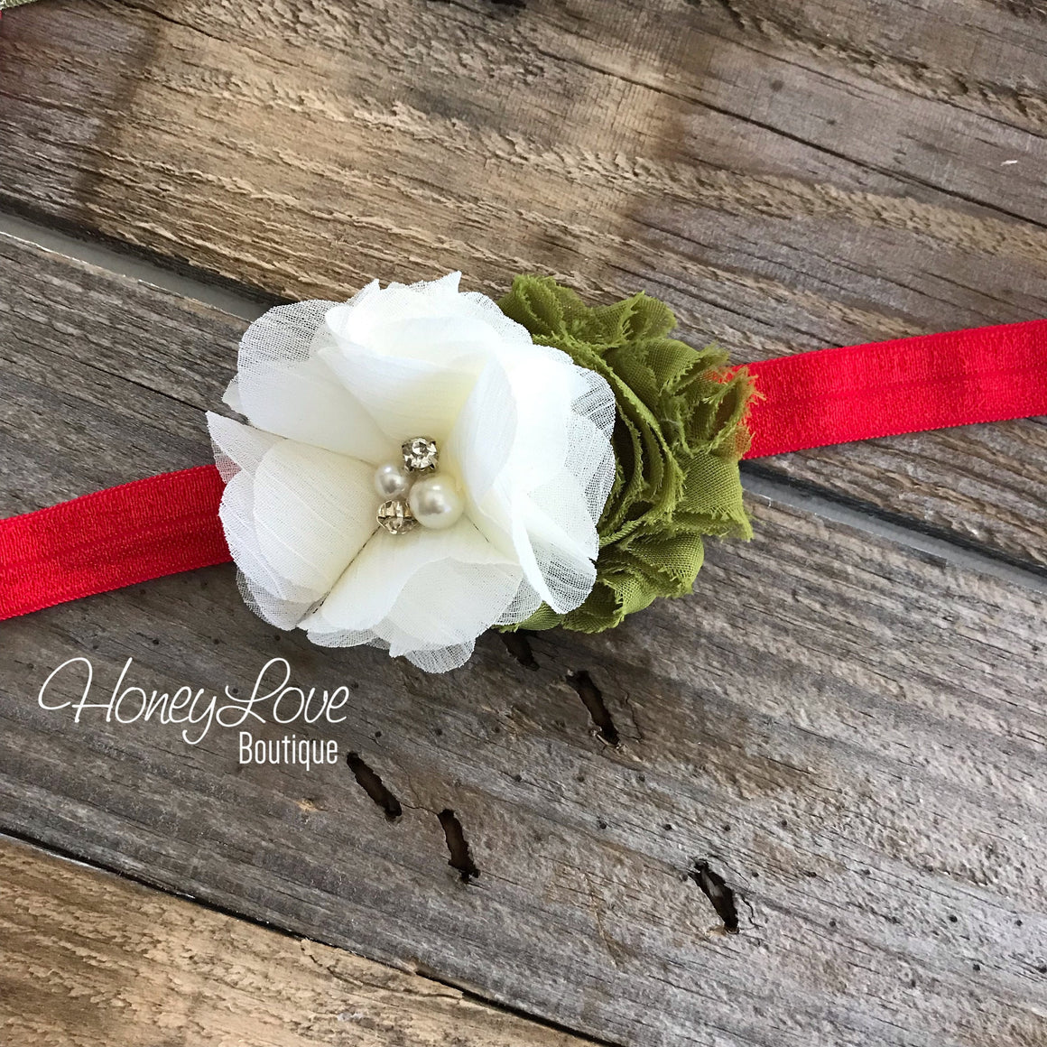 Red, Olive Green and Ivory shabby chiffon flower headband - HoneyLoveBoutique