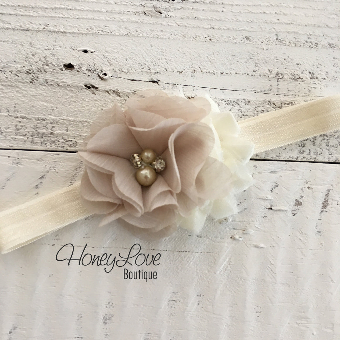 Lace Petti Romper - Ivory and matching flower headband - HoneyLoveBoutique