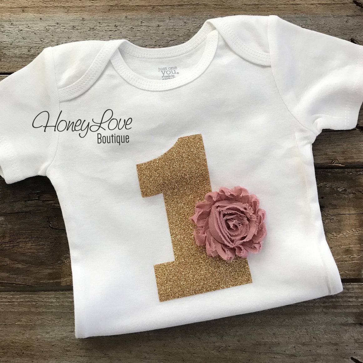 1st Birthday Outfit - Vintage Pink and Gold glitter - HoneyLoveBoutique