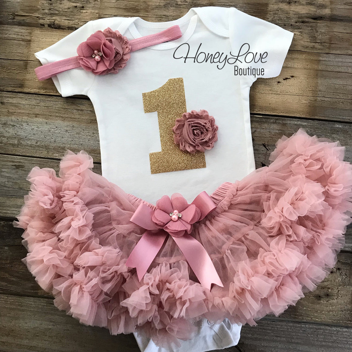 1st Birthday Outfit - Vintage Pink and Gold glitter - HoneyLoveBoutique