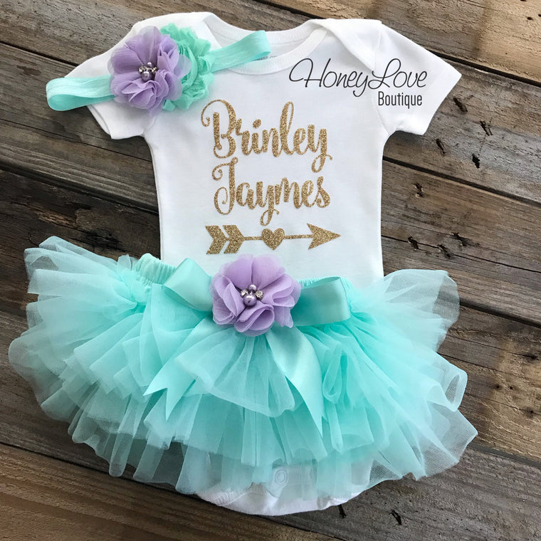 PERSONALIZED Name with Arrow - Gold Glitter, Mint/Aqua and Lavender Purple - HoneyLoveBoutique