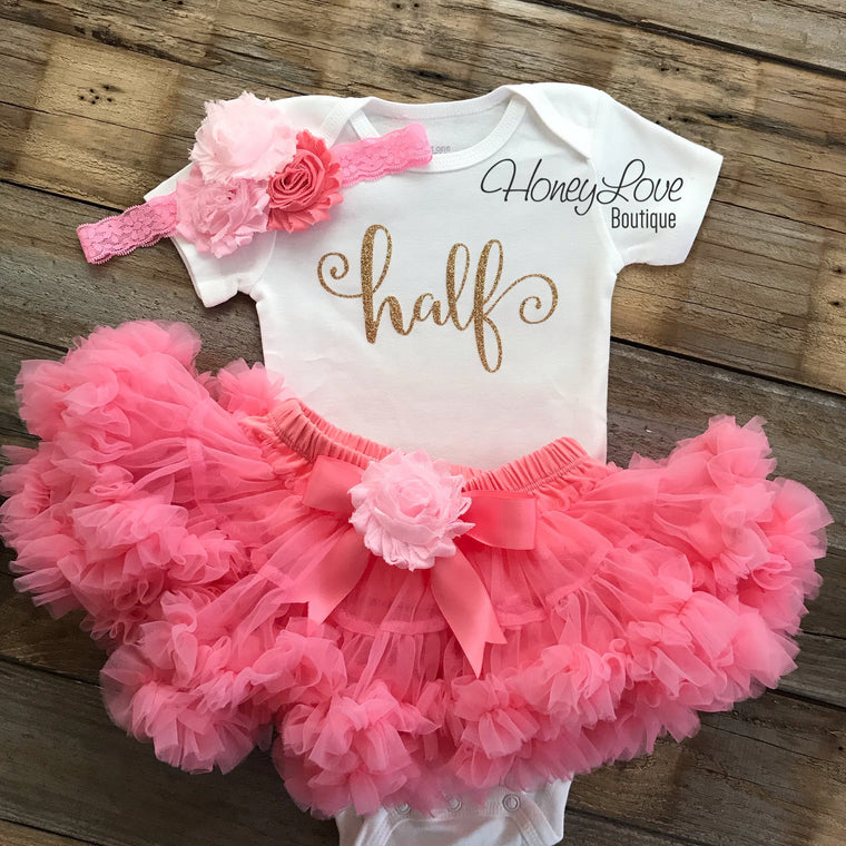 Half Birthday Outfit - Coral Pink and Gold Glitter - embellished pettiskirt - HoneyLoveBoutique