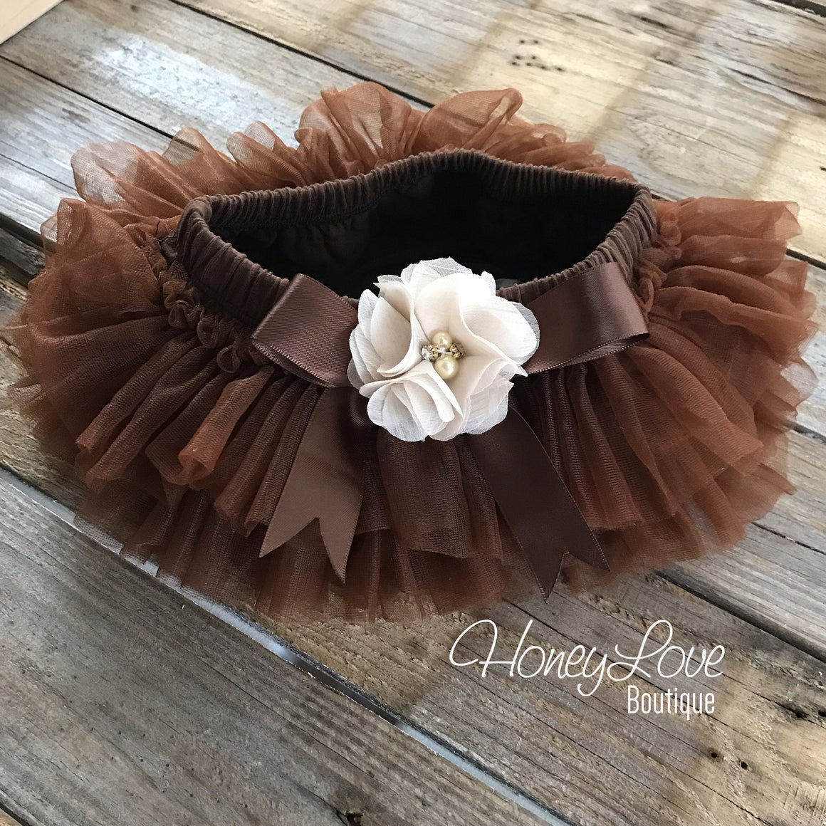 Brown tutu skirt bloomers - embellished ivory flower - HoneyLoveBoutique