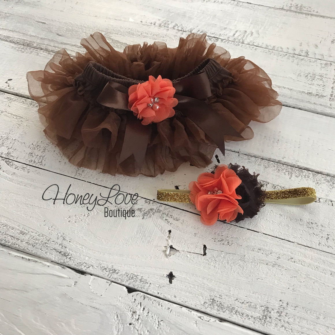 PERSONALIZED Name Outfit - Gold Glitter, Brown and Orange - embellished tutu skirt bloomers - HoneyLoveBoutique
