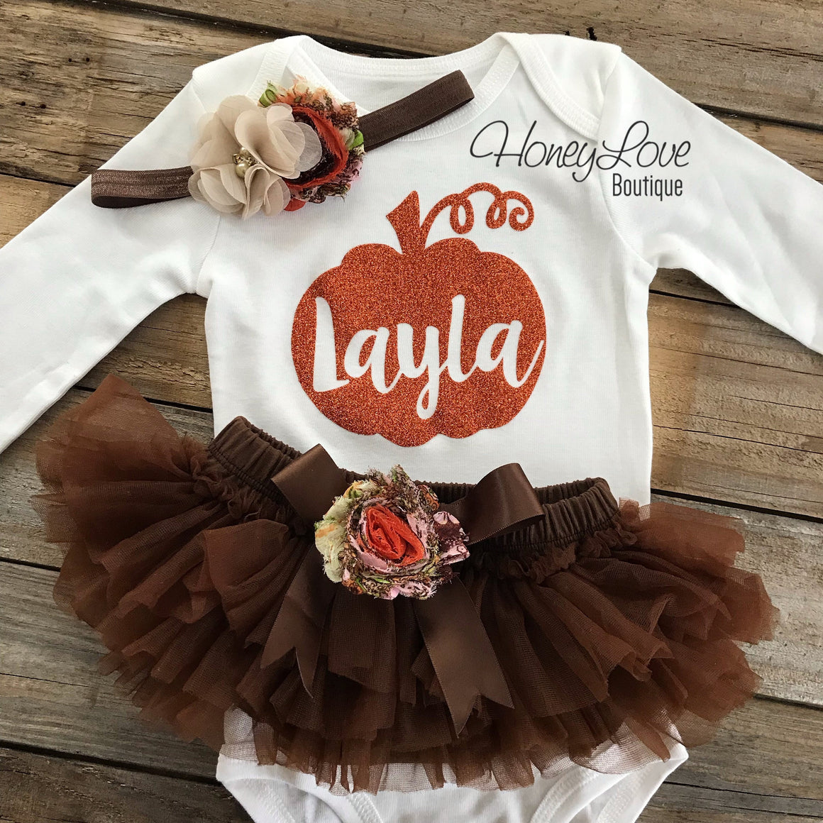 PERSONALIZED Pumpkin Thanksgiving Fall Halloween outfit - Brown embellished tutu skirt bloomers - HoneyLoveBoutique