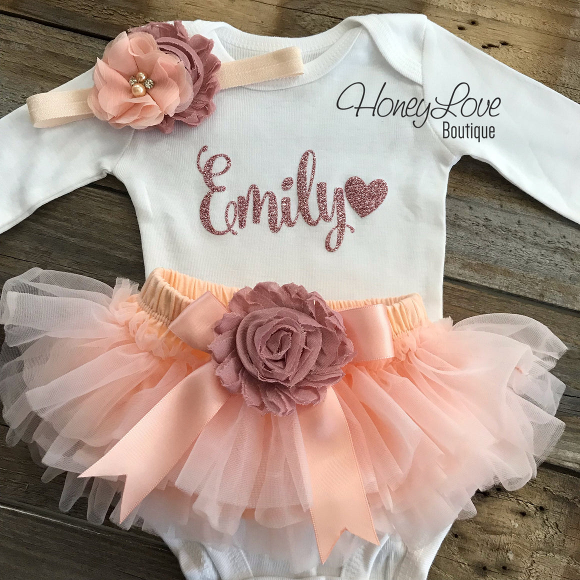 PERSONALIZED Name Outfit - Rose Gold glitter and Peach/Vintage Pink - embellished tutu skirt bloomers - HoneyLoveBoutique