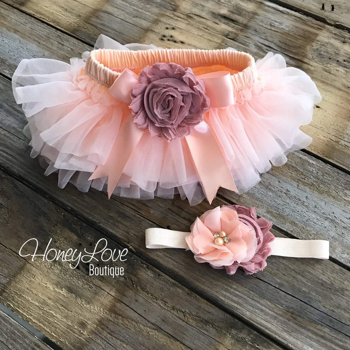 PERSONALIZED Name Outfit - Rose Gold glitter and Peach/Vintage Pink - embellished tutu skirt bloomers - HoneyLoveBoutique