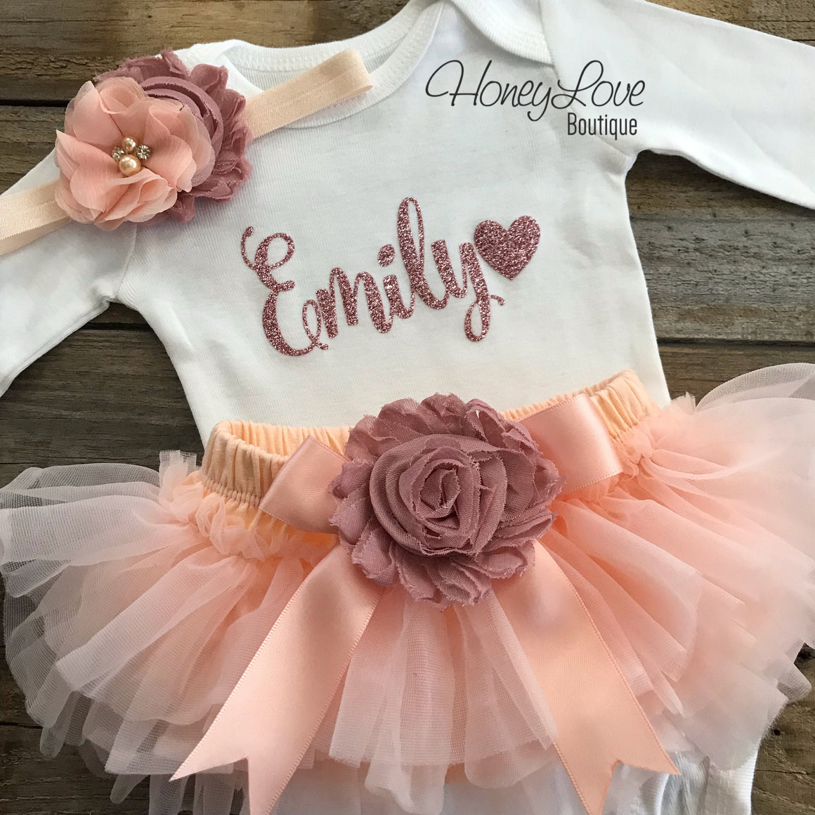 PERSONALIZED Name Outfit - Rose Gold glitter and Peach/Vintage Pink - embellished tutu skirt bloomers - HoneyLoveBoutique