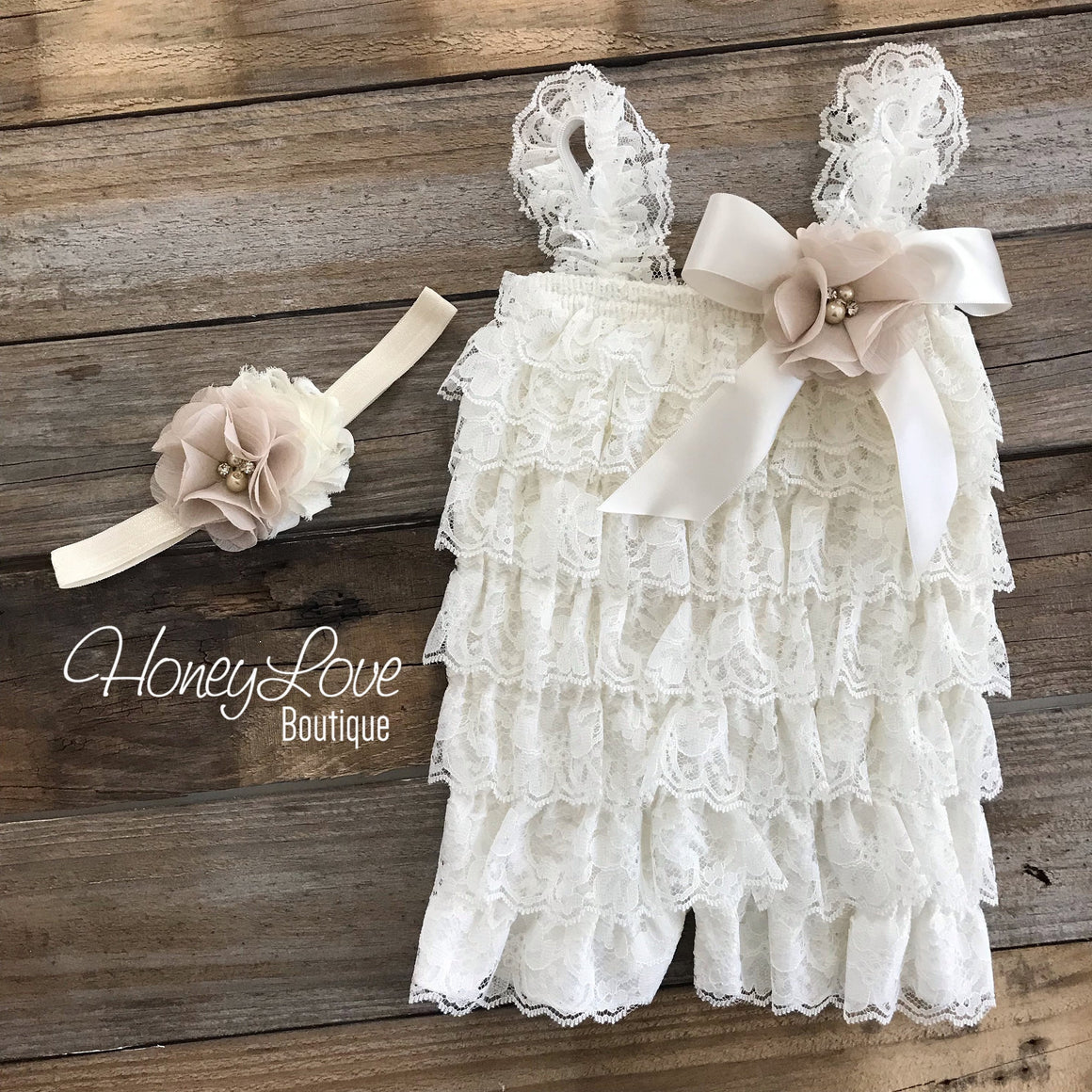 Lace Petti Romper - Ivory and matching flower headband - HoneyLoveBoutique
