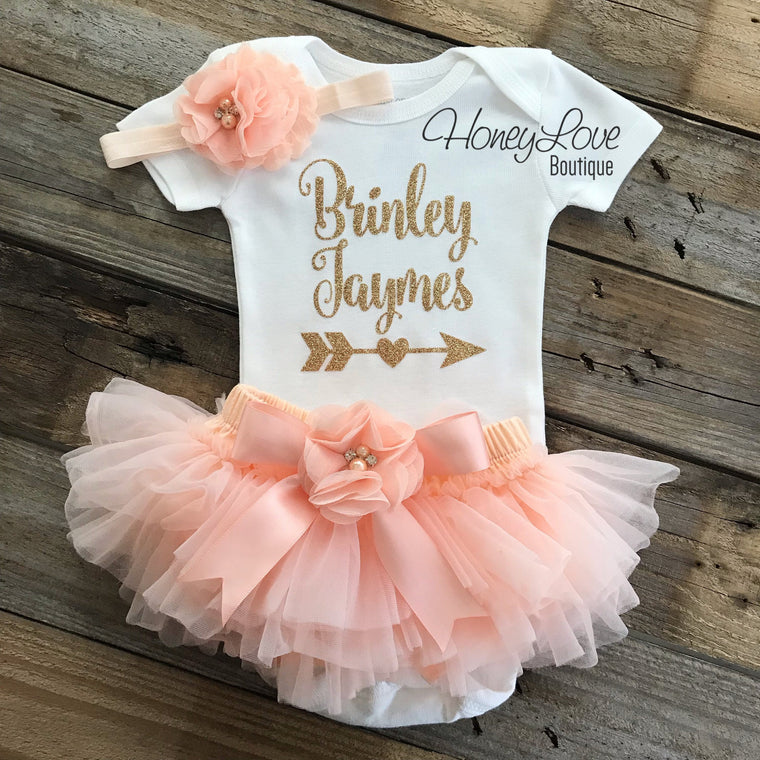 PERSONALIZED Name with Arrow - Gold Glitter and Peach - HoneyLoveBoutique