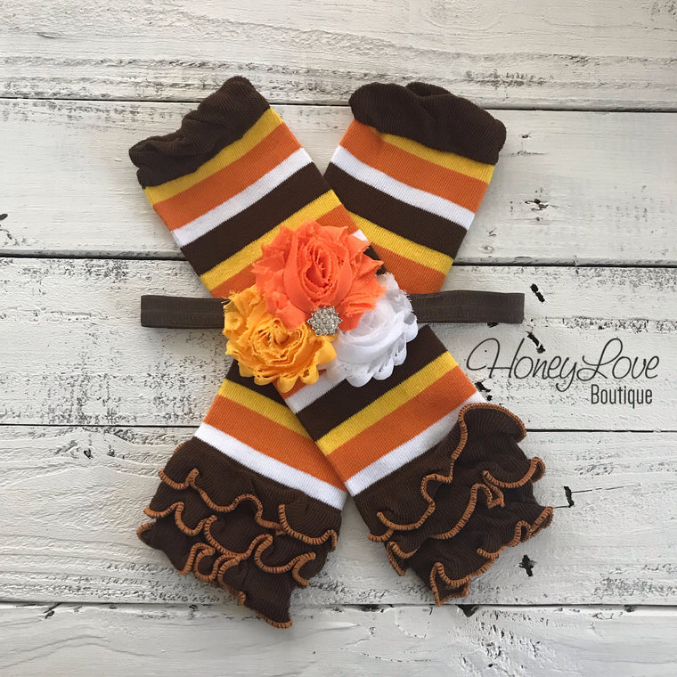 Orange, Brown, Yellow and White Stripe Leg Warmers and Candy Corn headband - HoneyLoveBoutique