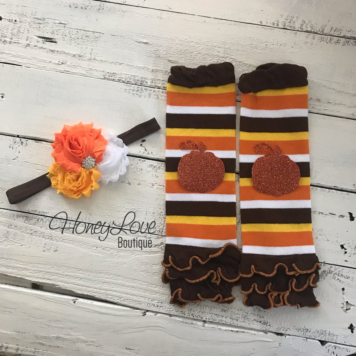 Orange, Brown, Yellow and White Stripe Leg Warmers and Candy Corn headband - HoneyLoveBoutique