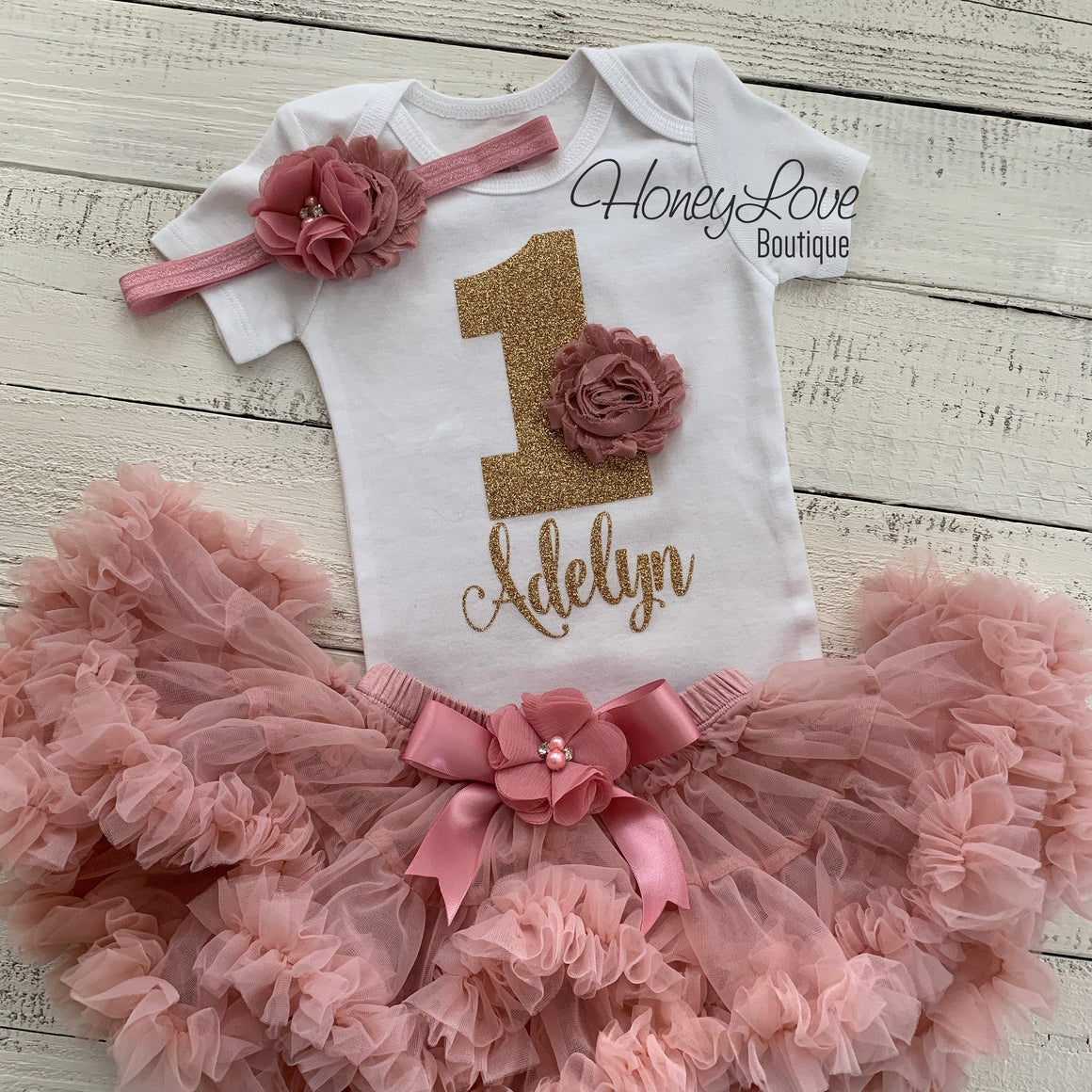 Personalized 1st Birthday Outfit - Vintage Pink and Gold glitter - HoneyLoveBoutique