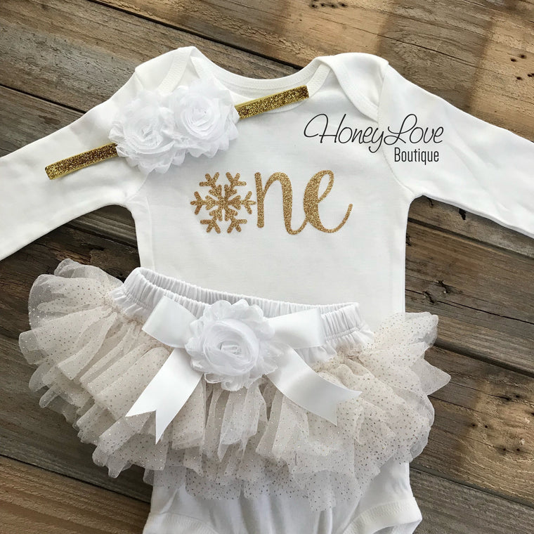 Winter ONEderland 1st Birthday outfit - White and Gold glitter - HoneyLoveBoutique