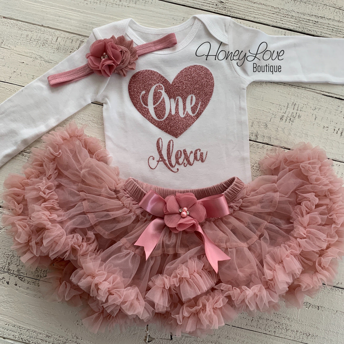 Personalized One with heart - Birthday Outfit - Vintage Pink and Rose Gold Glitter - HoneyLoveBoutique