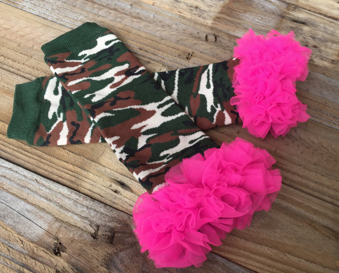 Leg Warmers - Camo with Hot Pink Ruffles - HoneyLoveBoutique