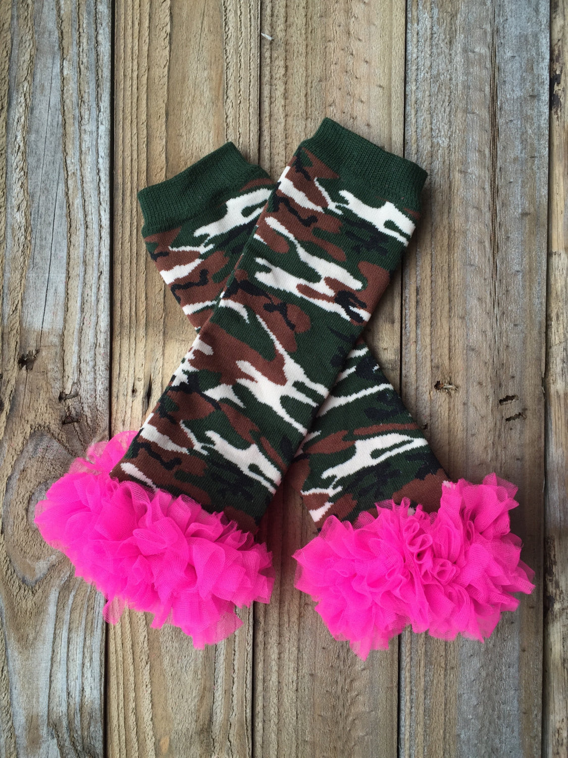 Leg Warmers - Camo with Hot Pink Ruffles - HoneyLoveBoutique