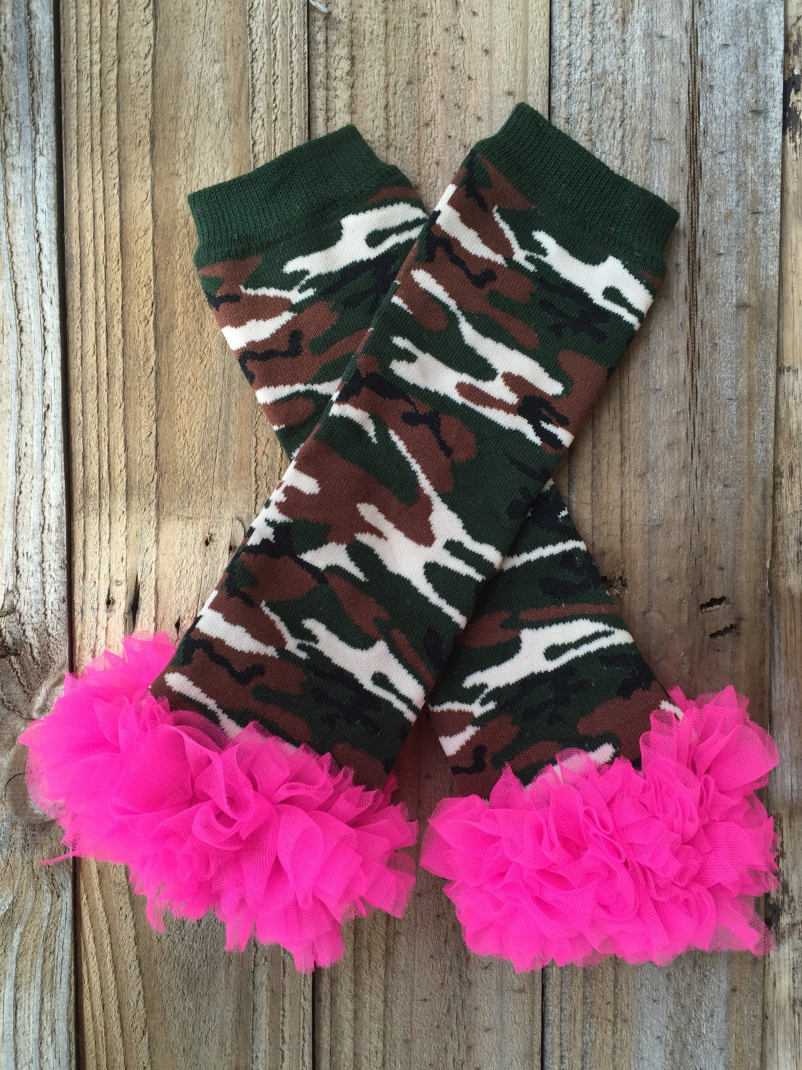 Leg Warmers - Camo with Hot Pink Ruffles - HoneyLoveBoutique