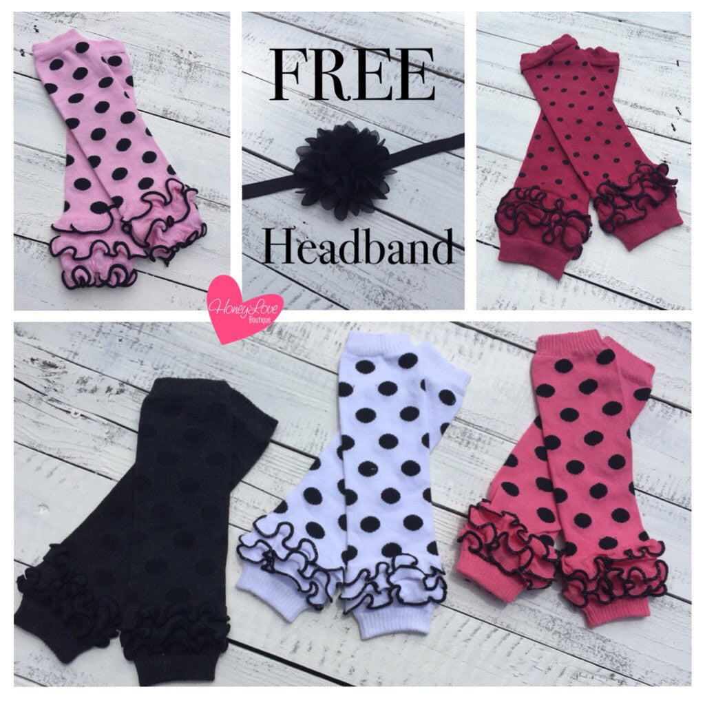 FREE HEADBAND - Black polka dot leg warmers - HoneyLoveBoutique